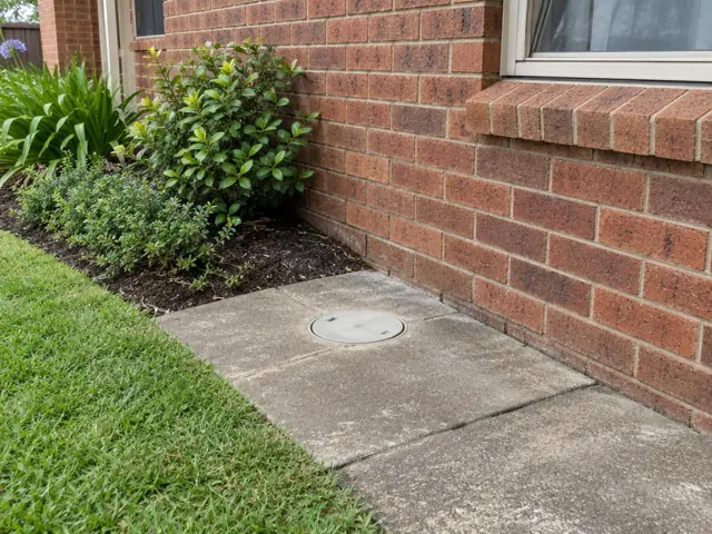 Capped inspection point in concrete paving beside a brick house wall and lawn in Northmead