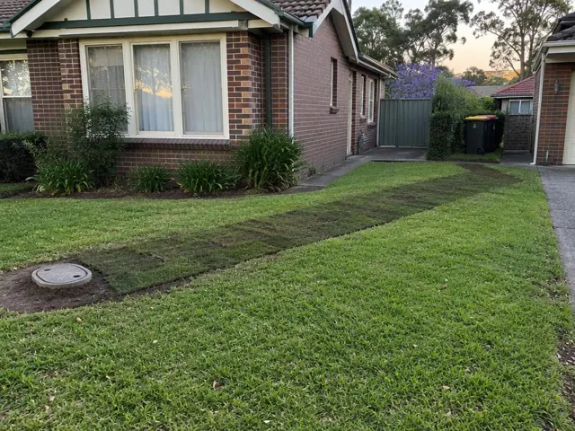 Reinstated sewer trench across a lawn beside a brick house with a round inspection cover in Parramatta